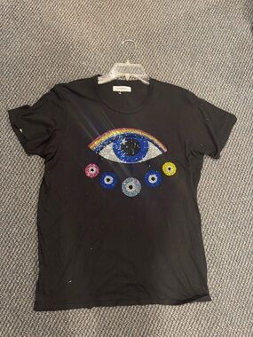 Lauren Moshi Black Tee with Rainbow Sparkle evil Eye Graphic. Super soft